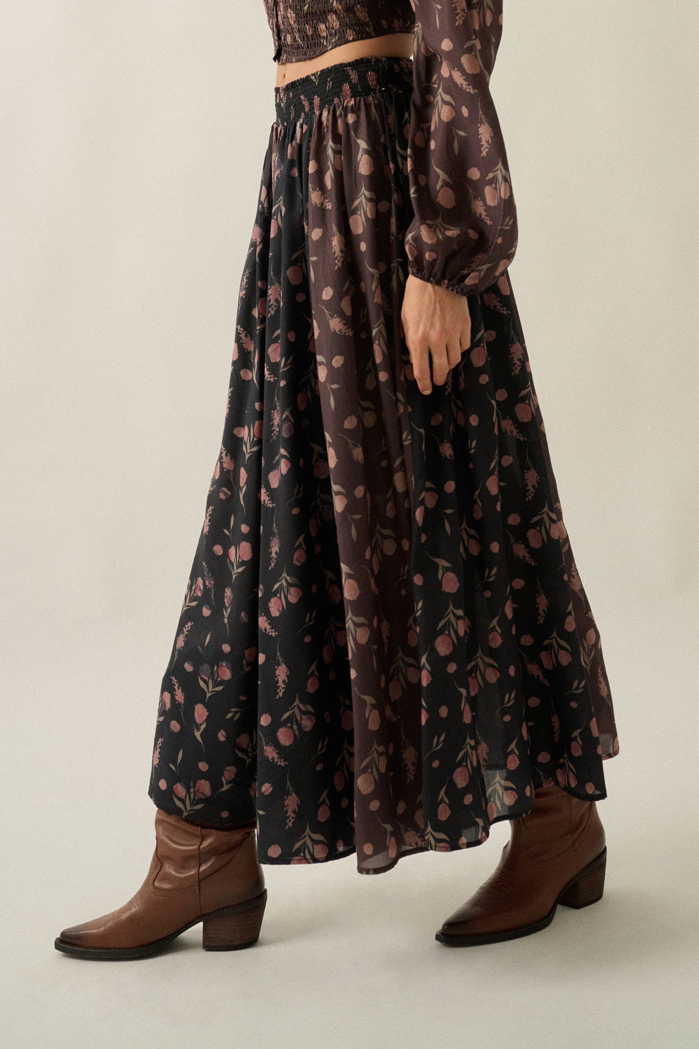 Late Bloomer Floral Two-Tone Paneled Maxi Skirt - ShopPromesa