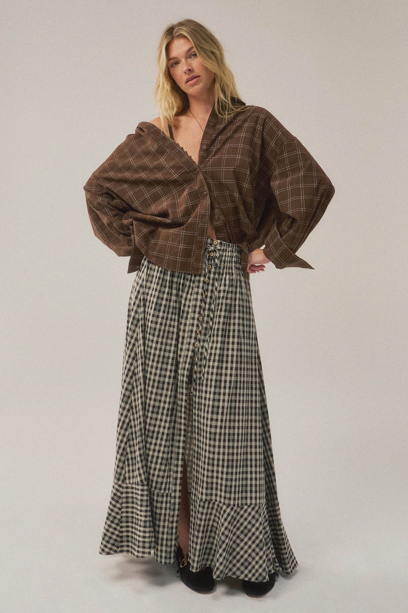 Play It Again Plaid Buttoned Drawstring Maxi Skirt - ShopPromesa