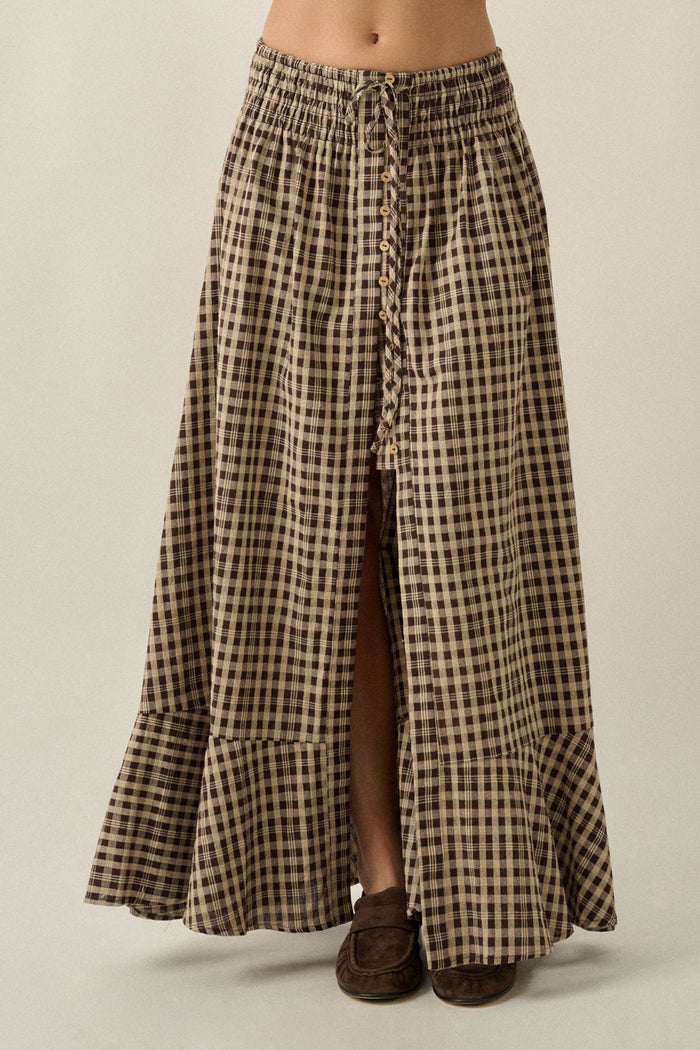 Play It Again Plaid Buttoned Drawstring Maxi Skirt - ShopPromesa