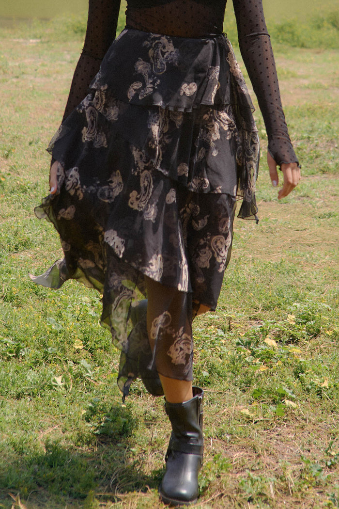 Fancy That Paisley Chiffon Asymmetric Tiered Maxi Skirt - ShopPromesa