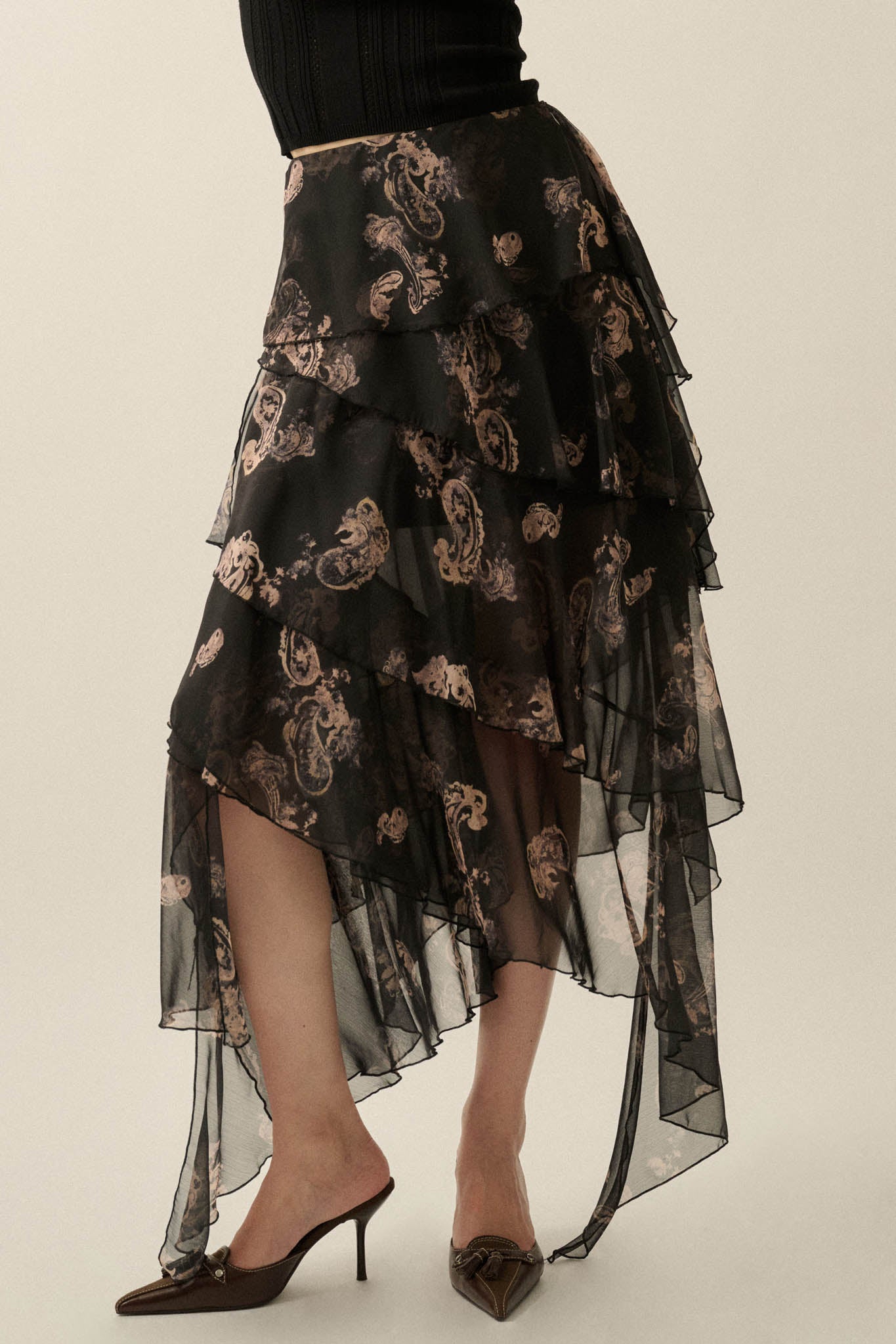 Fancy That Paisley Chiffon Asymmetric Tiered Maxi Skirt - ShopPromesa