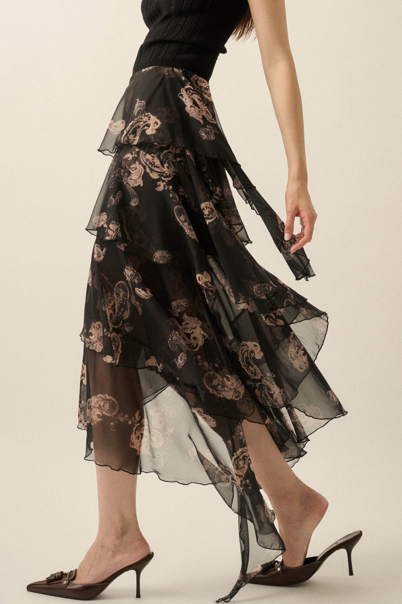 Fancy That Paisley Chiffon Asymmetric Tiered Maxi Skirt - ShopPromesa