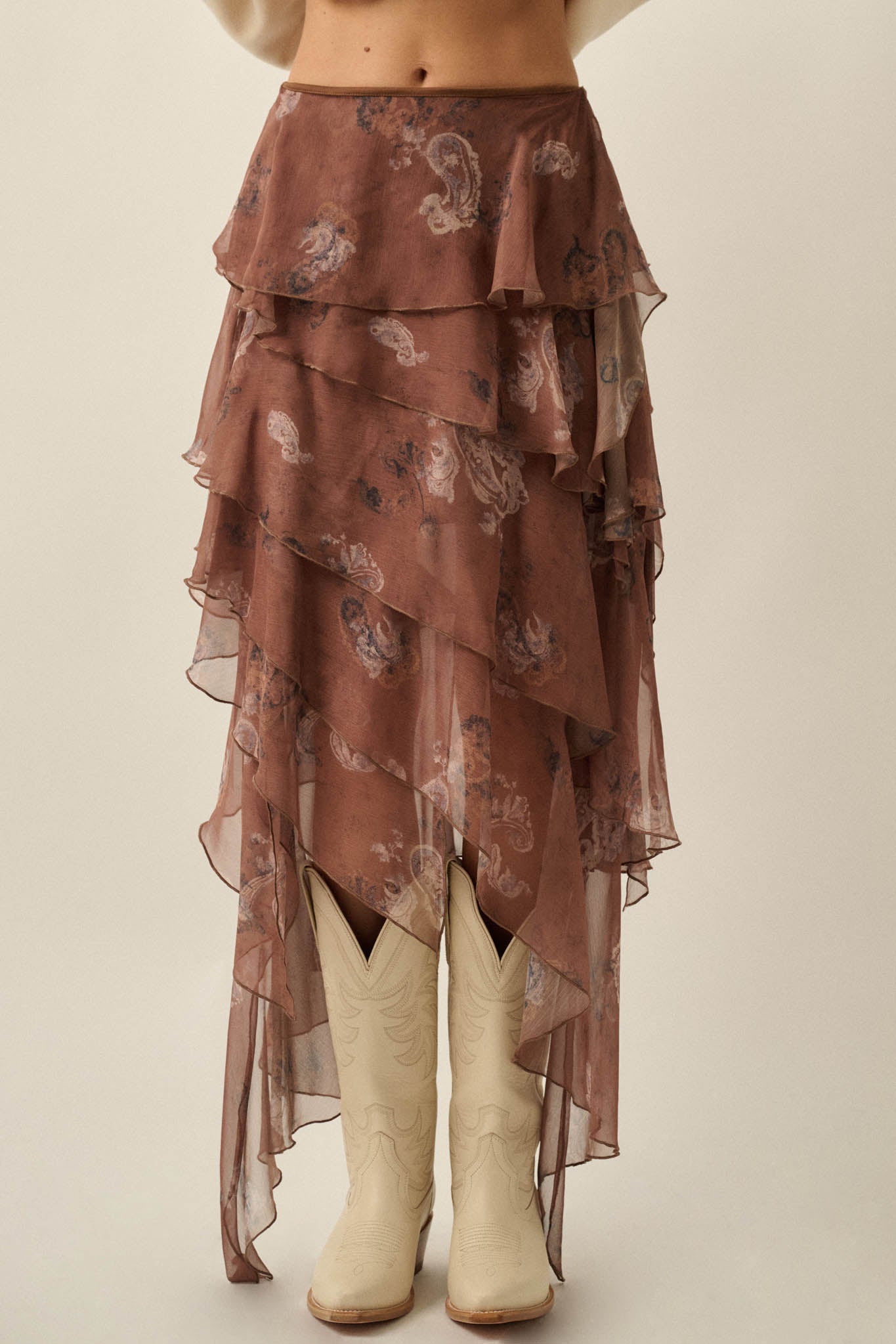 Fancy That Paisley Chiffon Asymmetric Tiered Maxi Skirt - ShopPromesa
