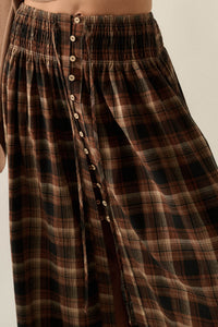 Rustic Soul Plaid Button-Front Drawstring Maxi Skirt - ShopPromesa