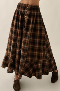 Rustic Soul Plaid Button-Front Drawstring Maxi Skirt - ShopPromesa