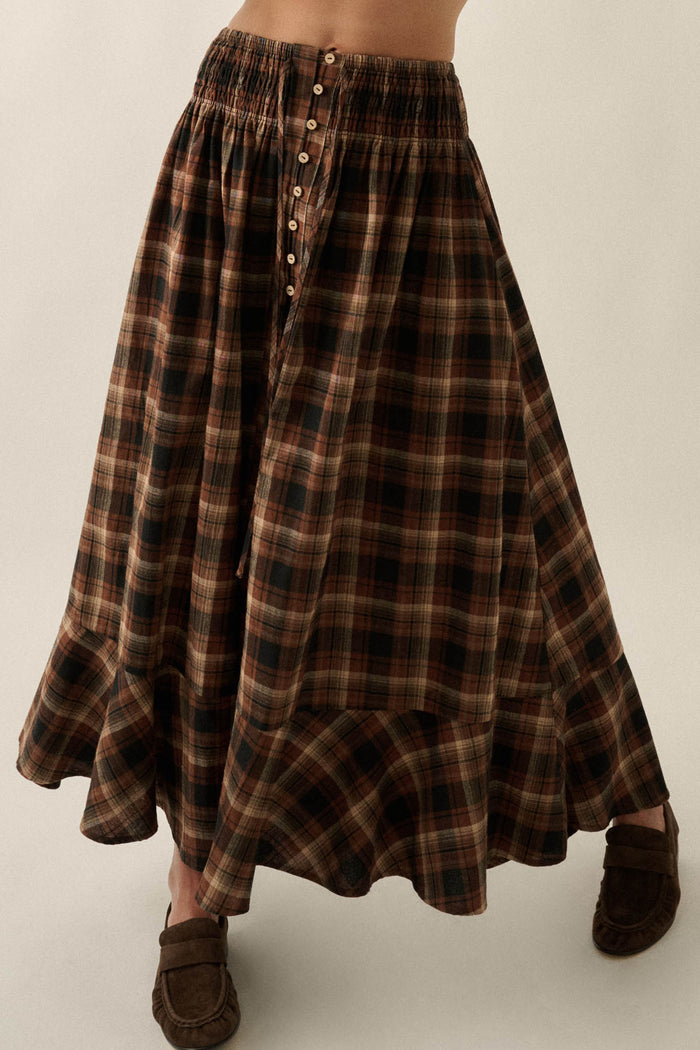 Rustic Soul Plaid Button-Front Drawstring Maxi Skirt - ShopPromesa