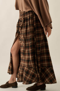 Rustic Soul Plaid Button-Front Drawstring Maxi Skirt - ShopPromesa
