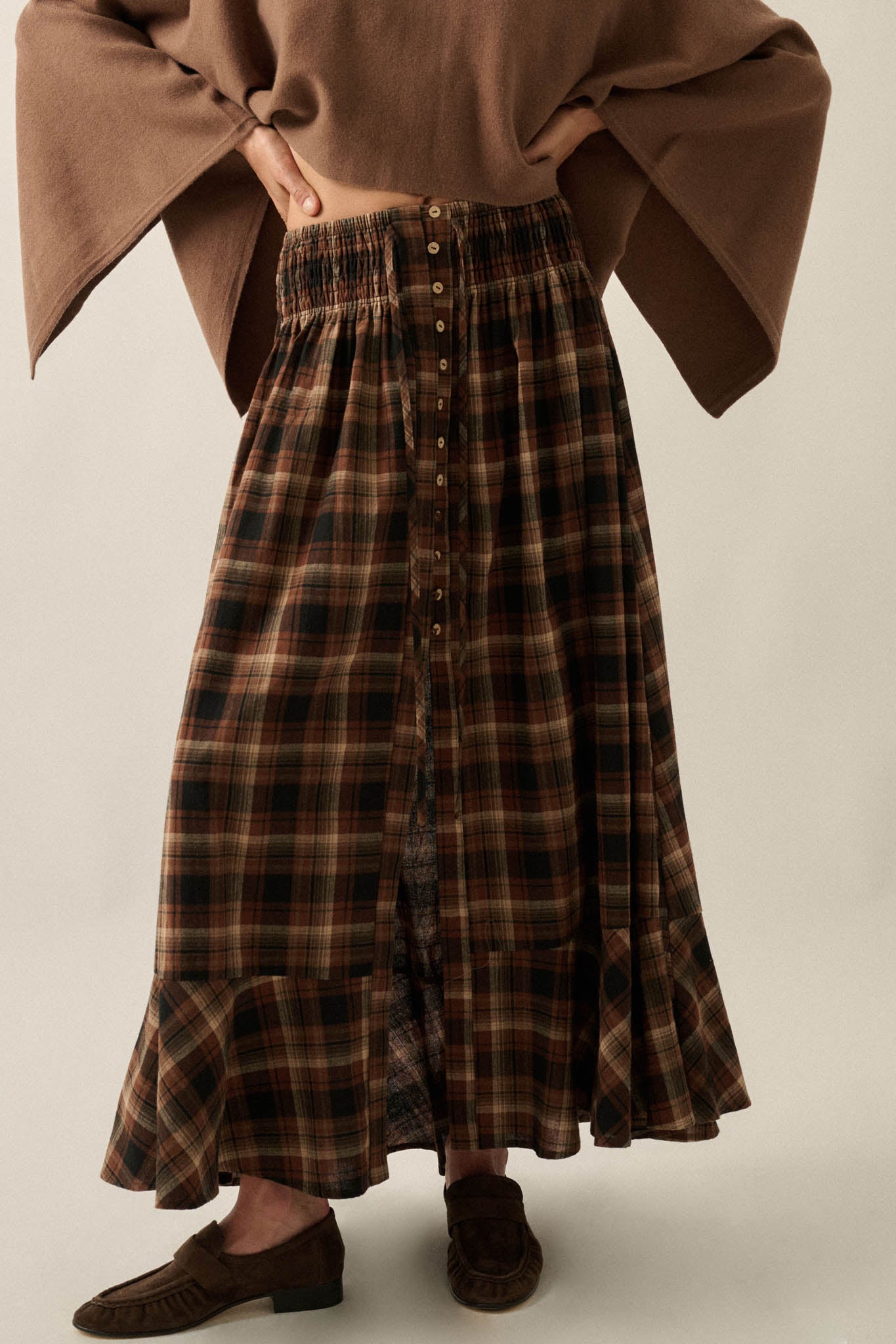 Rustic Soul Plaid Button-Front Drawstring Maxi Skirt - ShopPromesa