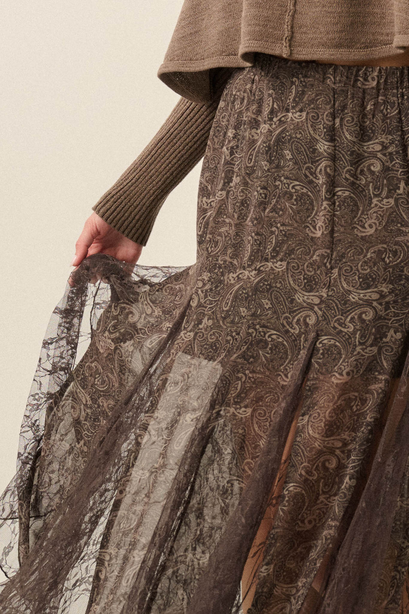 Dream Diary Paisley Chiffon and Lace Godet Maxi Skirt - ShopPromesa