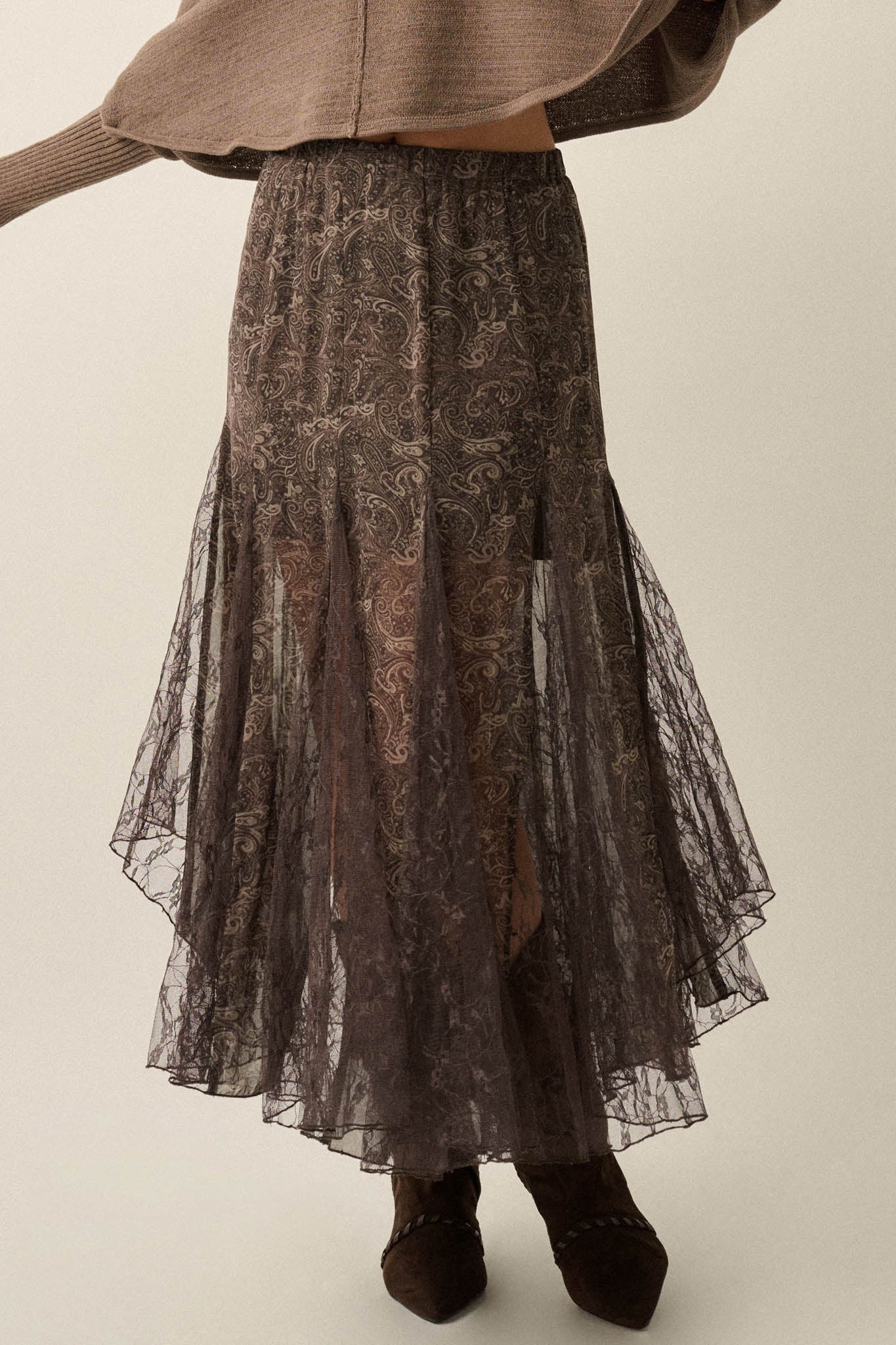 Dream Diary Paisley Chiffon and Lace Godet Maxi Skirt - ShopPromesa