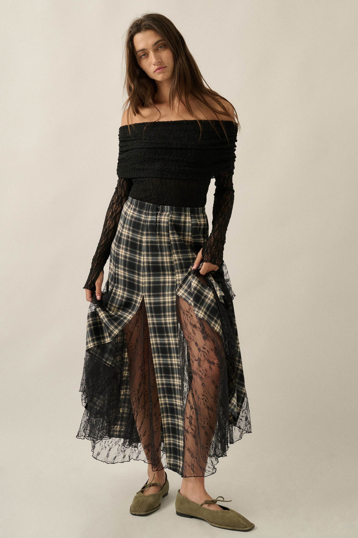 Crossed My Mind Plaid and Lace Godet Maxi Skirt - ShopPromesa