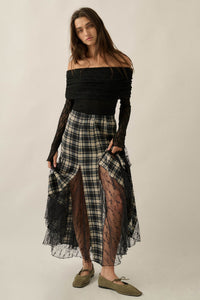 Crossed My Mind Plaid and Lace Godet Maxi Skirt - ShopPromesa