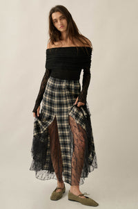 Crossed My Mind Plaid and Lace Godet Maxi Skirt - ShopPromesa