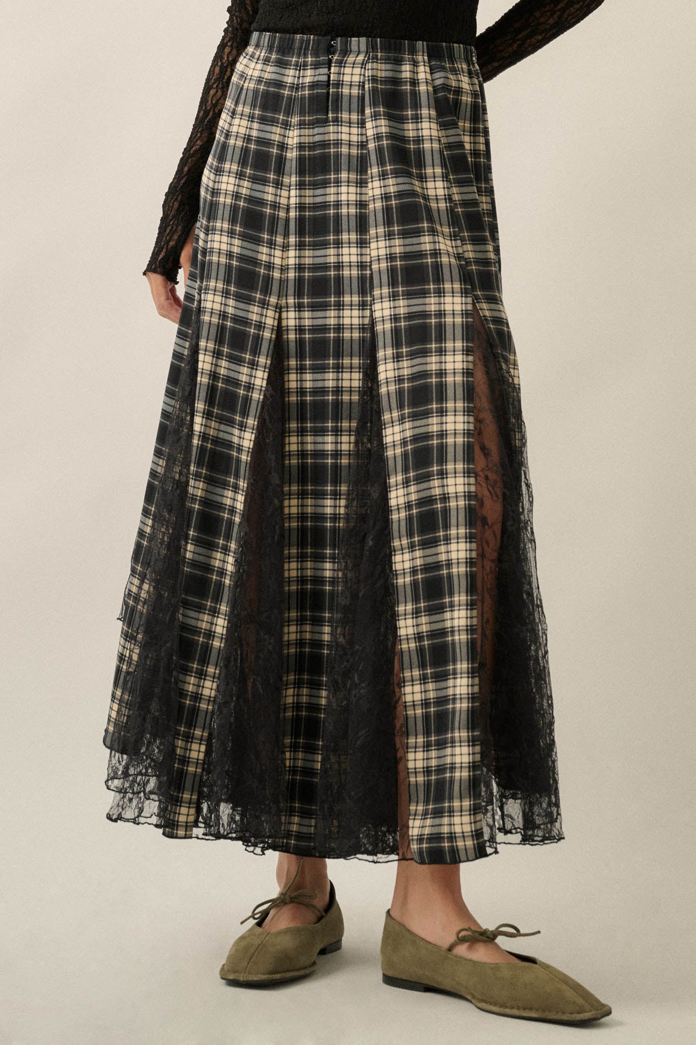 Crossed My Mind Plaid and Lace Godet Maxi Skirt - ShopPromesa