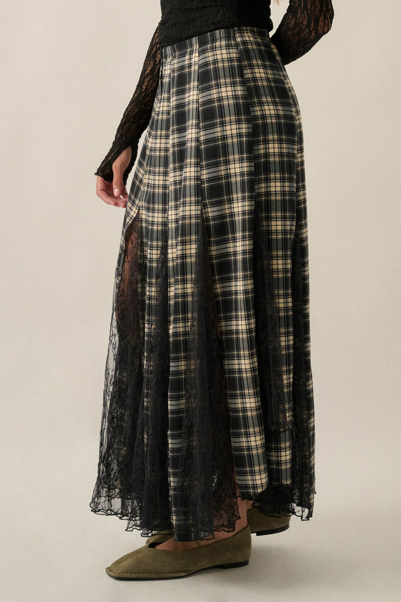 Crossed My Mind Plaid and Lace Godet Maxi Skirt - ShopPromesa