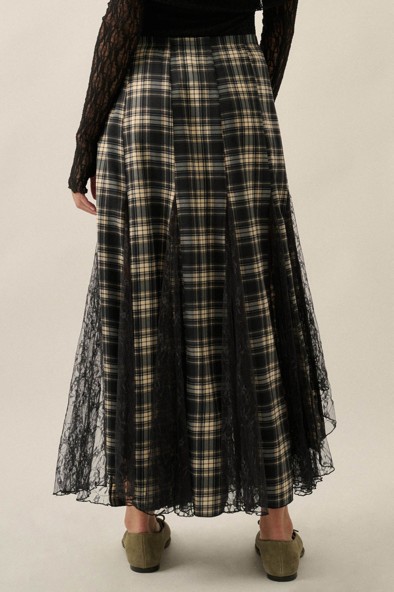 Crossed My Mind Plaid and Lace Godet Maxi Skirt - ShopPromesa