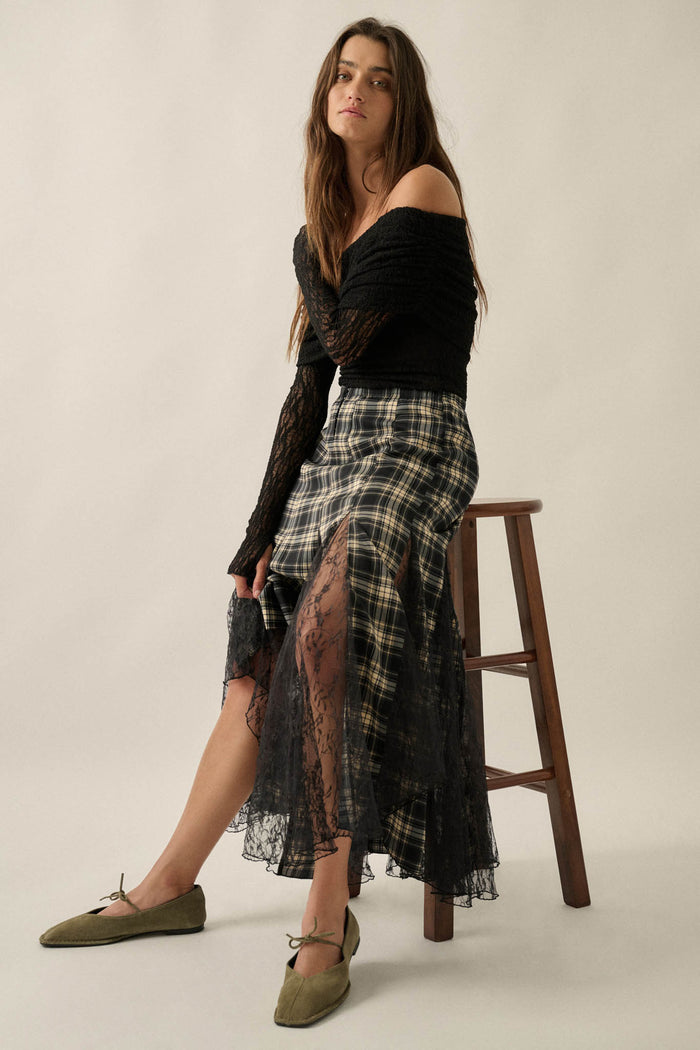 Crossed My Mind Plaid and Lace Godet Maxi Skirt - ShopPromesa