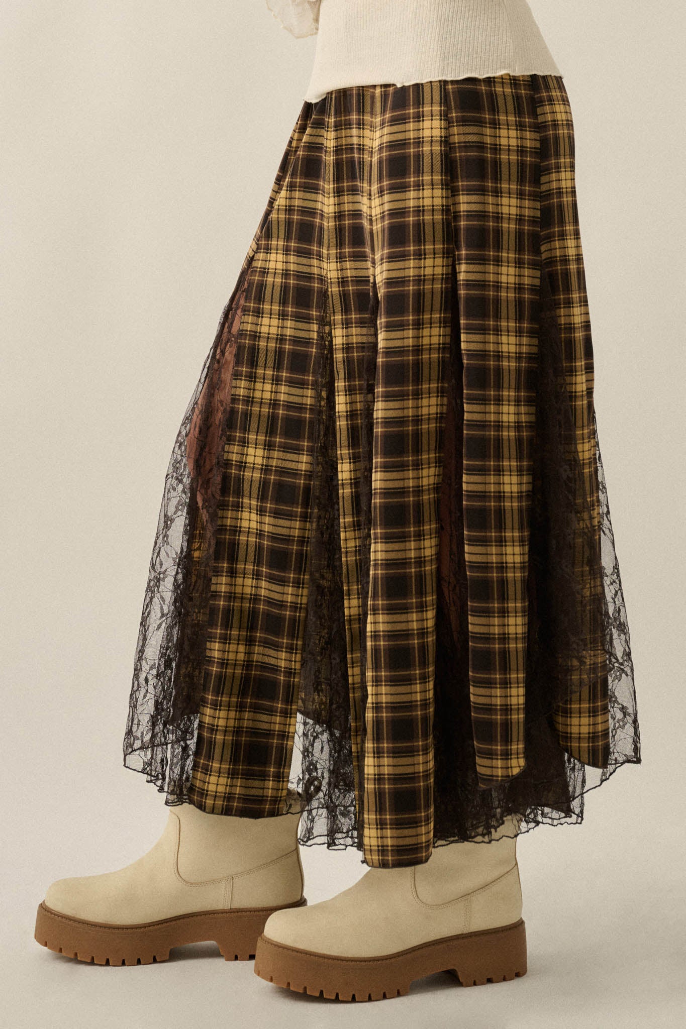 Crossed My Mind Plaid and Lace Godet Maxi Skirt - ShopPromesa