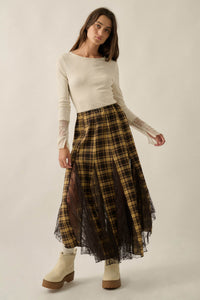 Crossed My Mind Plaid and Lace Godet Maxi Skirt - ShopPromesa