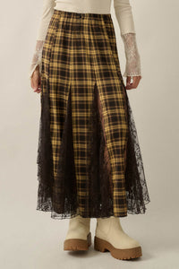Crossed My Mind Plaid and Lace Godet Maxi Skirt - ShopPromesa