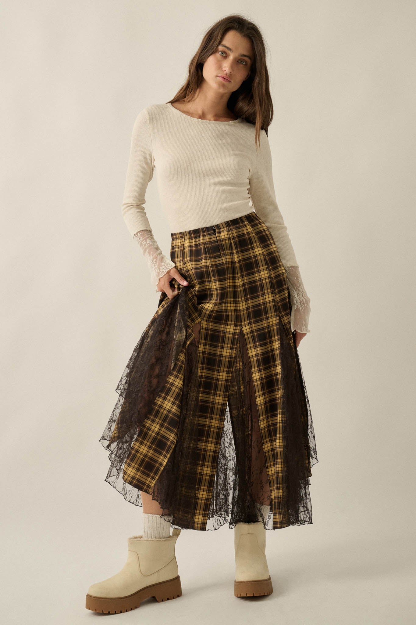 Crossed My Mind Plaid and Lace Godet Maxi Skirt - ShopPromesa
