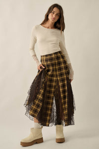 Crossed My Mind Plaid and Lace Godet Maxi Skirt - ShopPromesa
