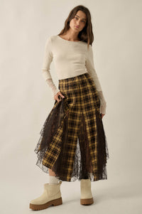 Crossed My Mind Plaid and Lace Godet Maxi Skirt - ShopPromesa