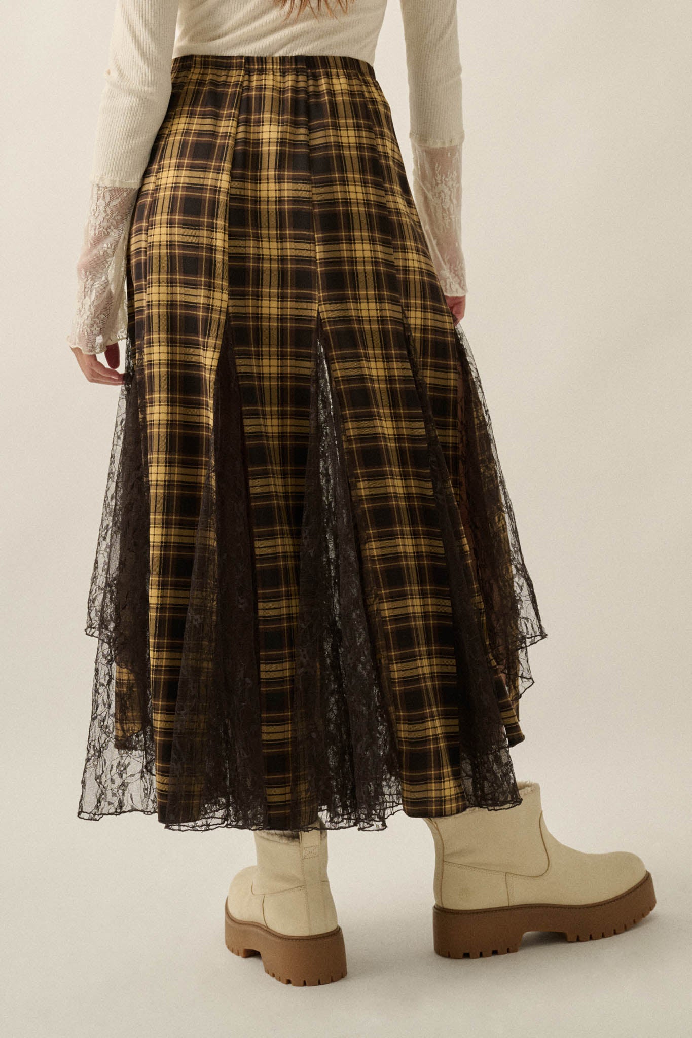 Crossed My Mind Plaid and Lace Godet Maxi Skirt - ShopPromesa