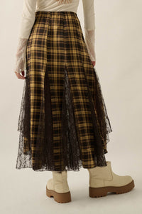 Crossed My Mind Plaid and Lace Godet Maxi Skirt - ShopPromesa