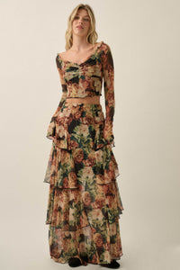 Regal Roses Floral Mesh Ruffled Cascade Maxi Skirt - ShopPromesa
