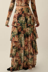 Regal Roses Floral Mesh Ruffled Cascade Maxi Skirt - ShopPromesa