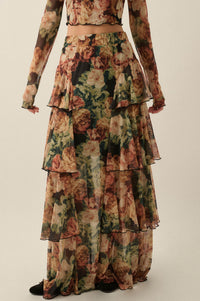Regal Roses Floral Mesh Ruffled Cascade Maxi Skirt - ShopPromesa