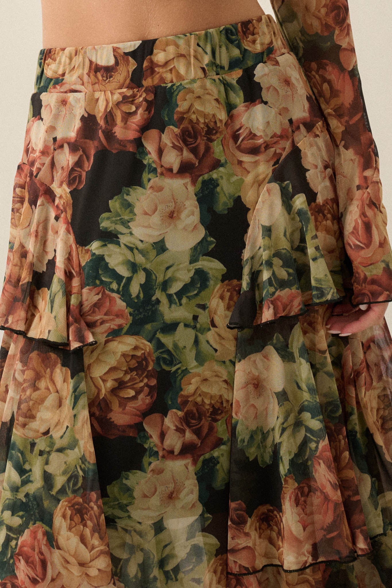 Regal Roses Floral Mesh Ruffled Cascade Maxi Skirt - ShopPromesa
