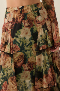 Regal Roses Floral Mesh Ruffled Cascade Maxi Skirt - ShopPromesa