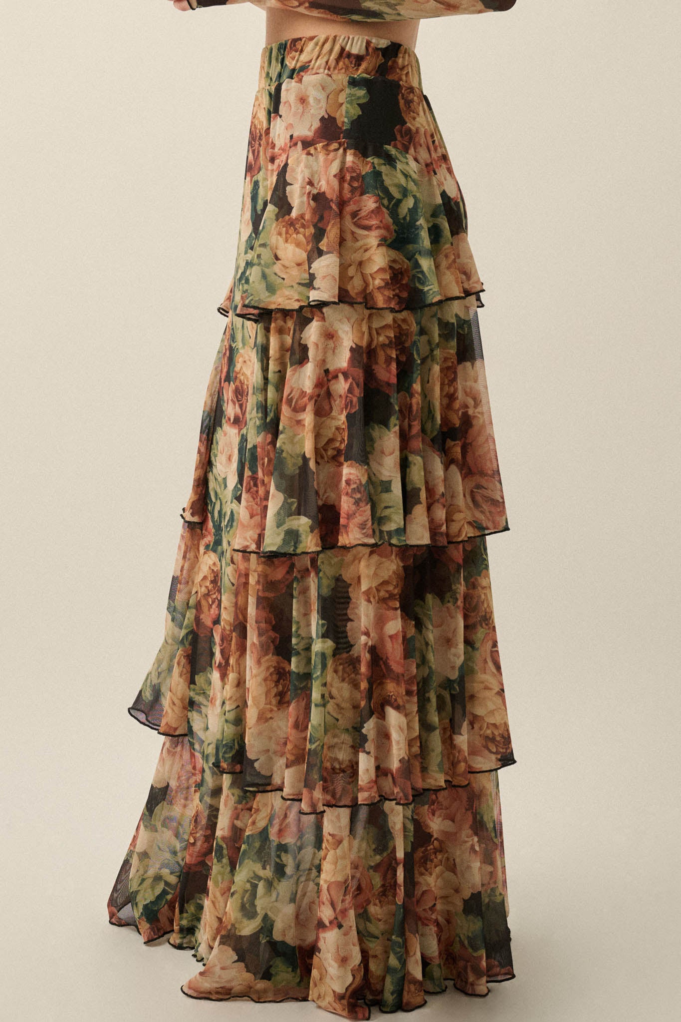 Regal Roses Floral Mesh Ruffled Cascade Maxi Skirt - ShopPromesa