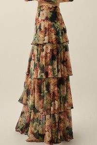Regal Roses Floral Mesh Ruffled Cascade Maxi Skirt - ShopPromesa