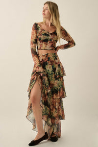 Regal Roses Floral Mesh Ruffled Cascade Maxi Skirt - ShopPromesa