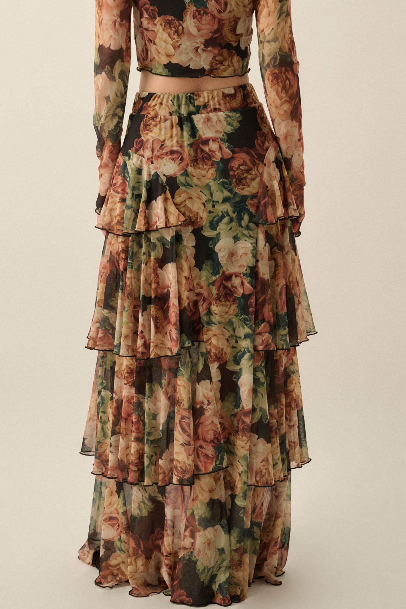 Regal Roses Floral Mesh Ruffled Cascade Maxi Skirt - ShopPromesa