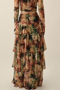 Regal Roses Floral Mesh Ruffled Cascade Maxi Skirt - ShopPromesa