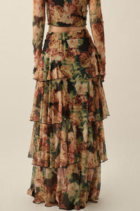 Regal Roses Floral Mesh Ruffled Cascade Maxi Skirt - ShopPromesa