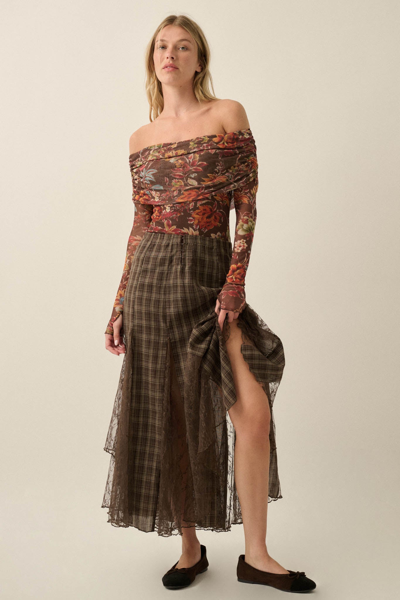 Country Mile Plaid and Lace Godet Maxi Skirt - ShopPromesa