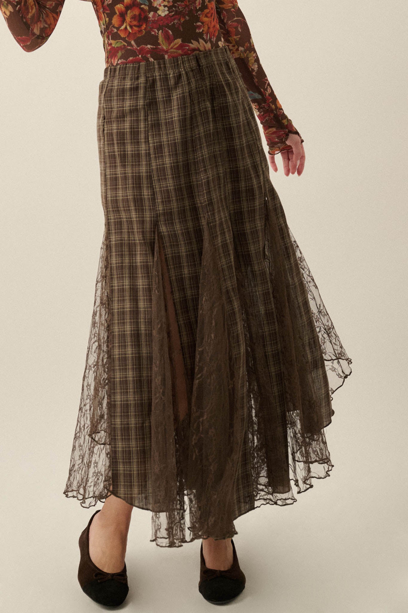 Country Mile Plaid and Lace Godet Maxi Skirt - ShopPromesa