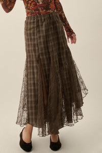 Country Mile Plaid and Lace Godet Maxi Skirt - ShopPromesa