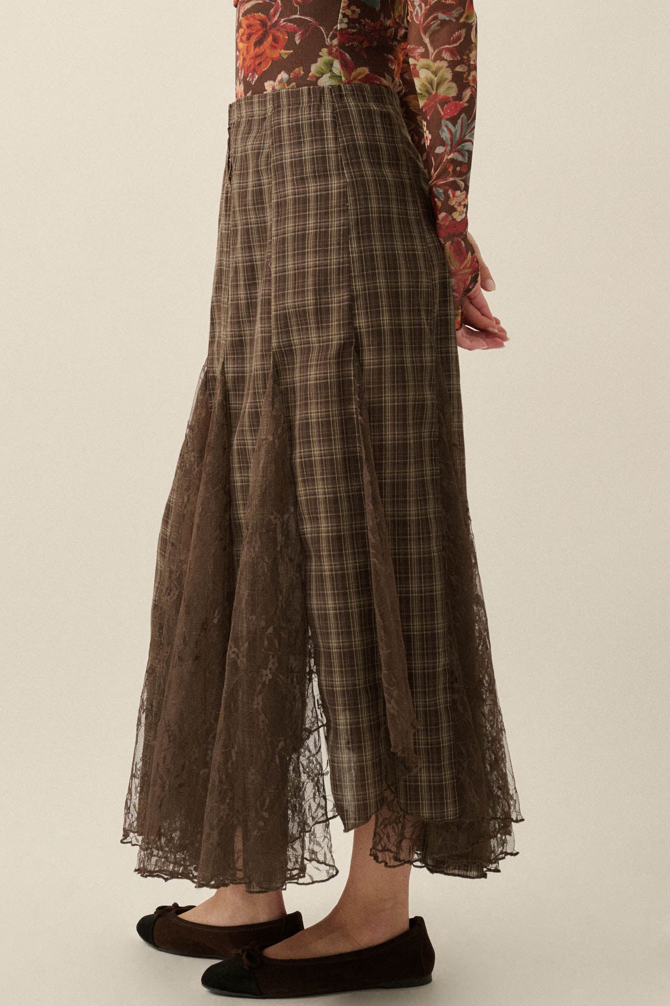 Country Mile Plaid and Lace Godet Maxi Skirt - ShopPromesa