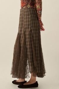 Country Mile Plaid and Lace Godet Maxi Skirt - ShopPromesa