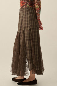 Country Mile Plaid and Lace Godet Maxi Skirt - ShopPromesa