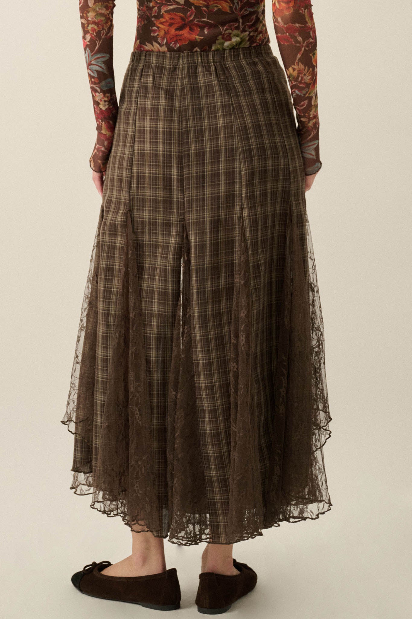Country Mile Plaid and Lace Godet Maxi Skirt - ShopPromesa