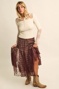 Country Mile Plaid and Lace Godet Maxi Skirt - ShopPromesa