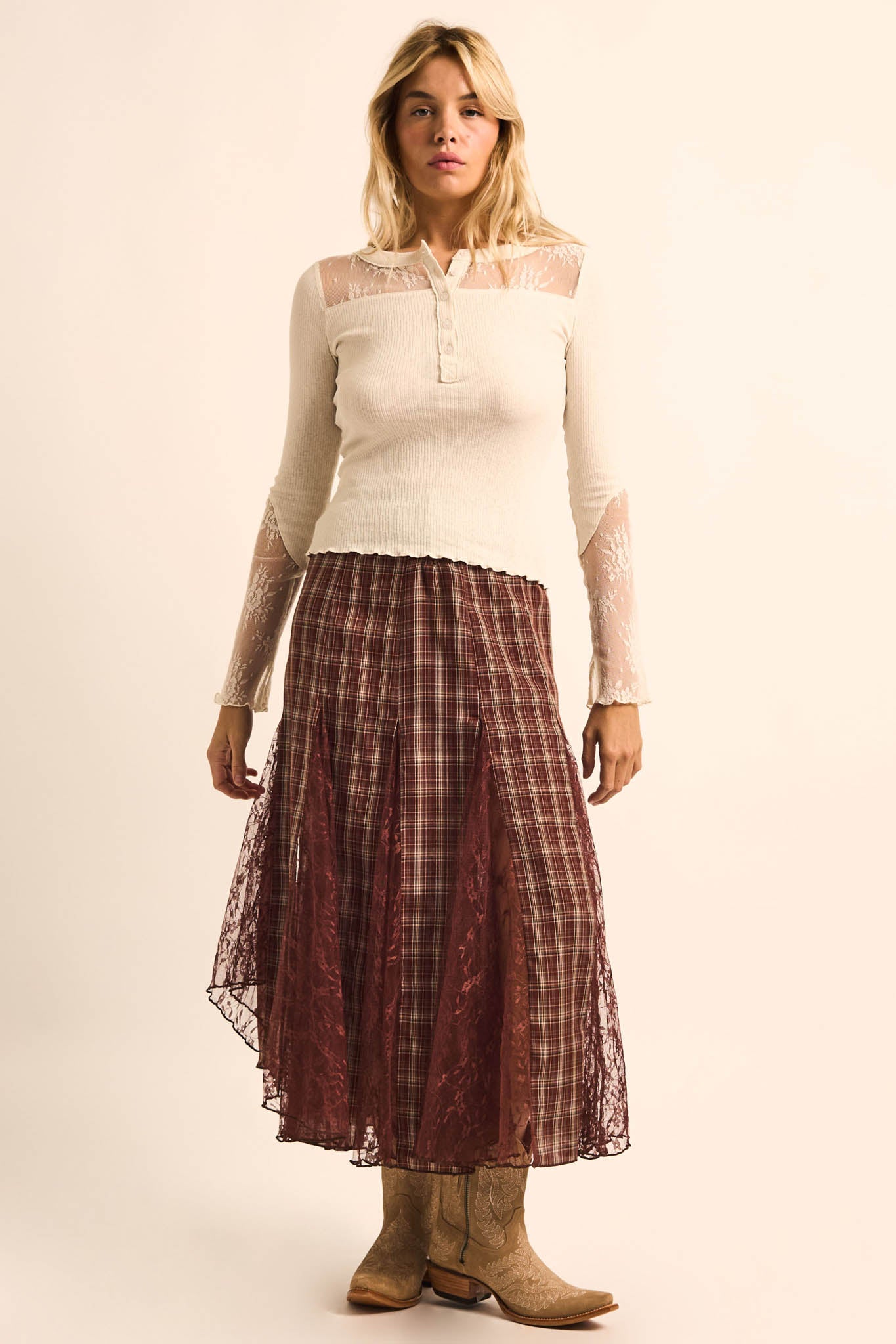 Country Mile Plaid and Lace Godet Maxi Skirt - ShopPromesa