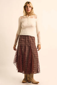 Country Mile Plaid and Lace Godet Maxi Skirt - ShopPromesa